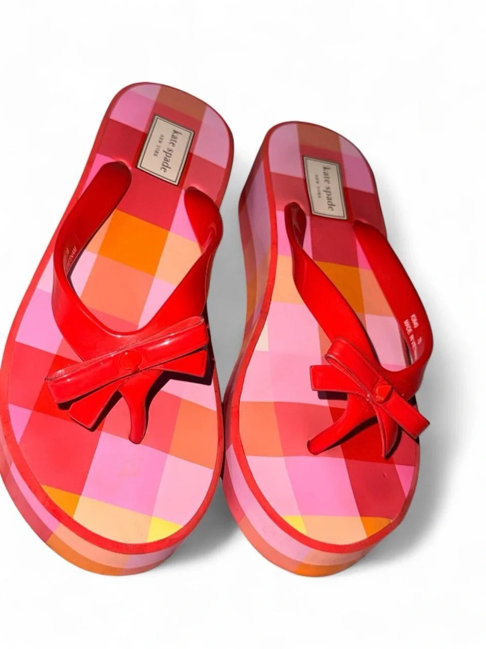 kate spade Red Pink Orange Check Platform Flip Flops